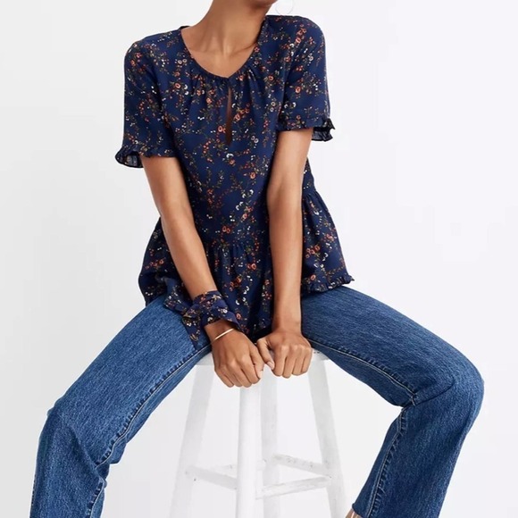 Madewell Blue Blouse Silk Stanza Ruffle-Hem Top in Moonless Floral size S - Picture 1 of 10